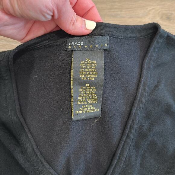 GRACE ELEMENTS Black Acrylic V Neck Long Sleeve Pullover Sweater Top Size XL - Picture 7 of 10